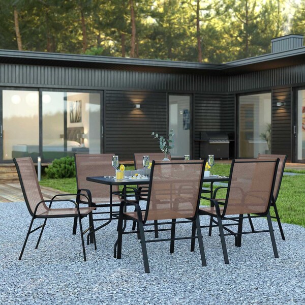 Flash Furniture 7PC Patio Set-55" Glass Table, 6 Brown Chairs TLH-089REC-303CBN6-GG - main